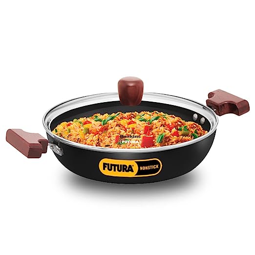 Hawkins Futura 3.5 Litre Deep Kadhai, Non Stick Kadai With StainlessSteel Lid, Flat Bottom induction Kadhai, Black