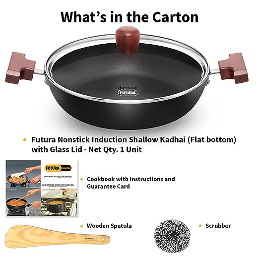 Hawkins Futura 2.5 Litre Shallow Kadhai, Nonstick Kadai with Glass Lid, Flat Bottom Induction Kadhai, Deep Fry Pan, Black