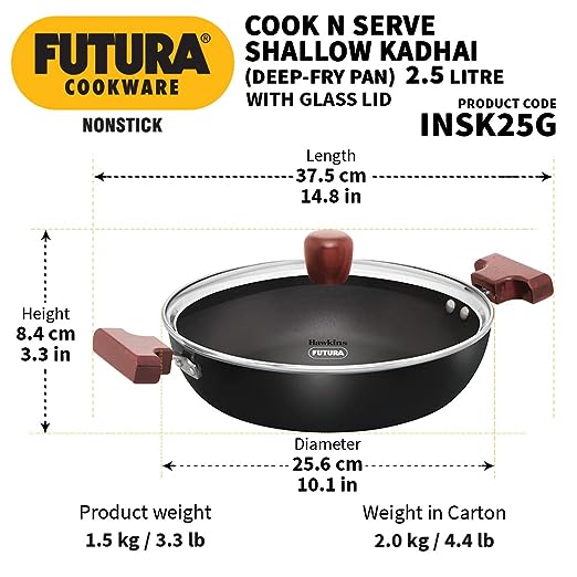 Hawkins Futura 3.5 Litre Deep Kadhai, Non Stick Kadai With StainlessSteel Lid, Flat Bottom induction Kadhai,  Black