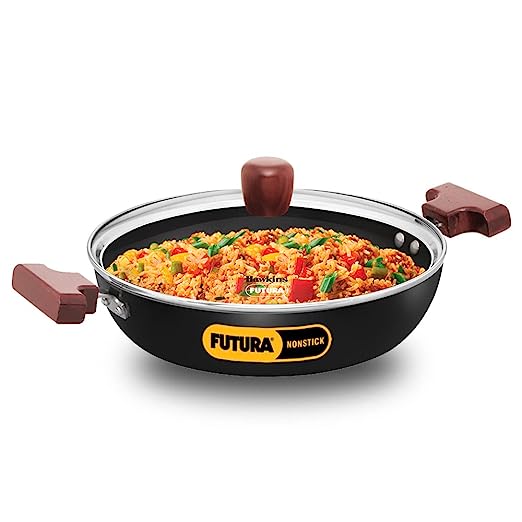 Hawkins Futura 2.5 Litre Shallow Kadhai, Nonstick Kadai with Glass Lid, Flat Bottom Induction Kadhai, Deep Fry Pan, Black